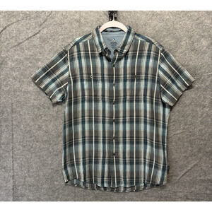 Kuhl Skorpio Plaid Shirt Mens Sz M Linen Brown Blue Pockets Lightweight UPF 15+